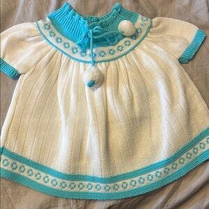 White and Teal Knit Baby Dress